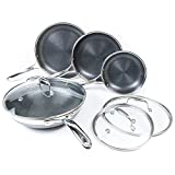 HexClad 7-Piece Hybrid Stainless Steel Cookware Set with Lids and Wok - Metal Utensil and Dishwasher Safe, Induction Ready, PFOA-Free, Easy to Clean Non Stick Fry Pan with Covers