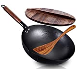Wok Pan with Lid & Spatula, 12.5' Carbon Steel Wok Flat Bottom, No Chemical Coated Chinese Wok for Electric, Induction & Gas Stoves, Nonstick Iron Wok and Stir Fry Pan with Detachable Wooden Handle