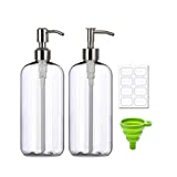 Refillable 32oz Dispenser Bottle 2pack with Steel Pumps, 1 Liter Crystal Clear Multi-Use Empty Container with Funnel for Shampoo, Conditioner, Body Wash, Liquid Hand Soap, Lotion