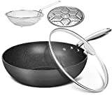 MICHELANGELO Nonstick Wok with Lid, Hard Anodized Wok Pan, Induction Wok 12 Inch, Large Wok Pan with Flat Bottom, Cooking Wok with Steamer Rack & Fry Basket, Woks and Stir Fry Pans - 3.5 Quart