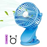 BRIGENIUS Battery Operated Clip on Stroller Fan, Portable Mini Desk Fan Rechargeable, USB Powered Clip Fan for Baby Stroller Office Outdoor Travel, Blue