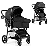 BABY JOY Baby Stroller, 2 in 1 Convertible Carriage Bassinet to Stroller, Pushchair with Foot Cover, Cup Holder, Large Storage Space, Wheels Suspension, 5-Point Harness (Black)