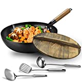 Carbon steel wok pan flat bottom pan with lid for electric, induction and gas stoves (12.5 inch wok,lid, 1 soup ladle and 2 spatulas included)