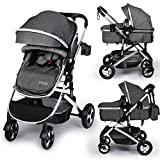 Kinder King 2 in 1 Convertible Baby Stroller, Folding High Landscape Infant Carriage, Newborn Reversible Bassinet Pram, Adjustable Canopy, Diaper Bag, Anti-Shock Toddler Pushchair Stroller, Dark Grey