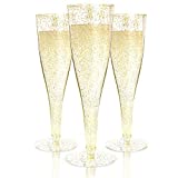 100 Plastic Champagne Flutes Disposable | Gold Glitter Plastic Champagne Glasses for Parties | Glitter Clear Plastic Cups | Plastic Toasting Glasses | Mimosa | Wedding and Shower Party Supplies